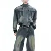 Traje de mezclilla americano de calle para hombre, chaqueta con cuello mao y pantalones de pierna ancha conjunto de dos piezas, moda de primavera y otoño, ropa deportiva casual desgastada