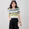 Camiseta Popular de Manga Corta a Rayas para Mujer 2025 Verano Nuevo Moda Coreana Tejido de Punto de Cuello Redondo a Rayas Arcoíris Contrastantes