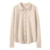 Cardigã de malha 100% cashmere com gola polo, outono e inverno, suéter feminino de manga longa, camisa de malha com gola virada, top