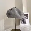 Boina de Moda com Lã de Coelho e Contas Costurada à Mão para Mulheres, Chapéu Abóbora Versátil de Inverno, Chapéu de Artista Quente e Estiloso