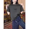 2026 Nova Moda Verão Feminina Tops Tendência Versátil Estiloso Azul Marinho Ombro Normal Algodão Puro Manga Curta Camiseta para Mulheres
