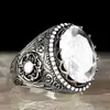 Huajie Joyería Europea y Americana Transfronteriza Anillo de Acuamarina con Forma de Huevo Anillo con Patrón Vintage Tallado Hip Hop para Hombre Lote