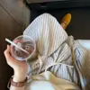 Saia de Cintura Elástica Estilo Coreano Estilo Preguiçoso Algodão Listras Verticais Cordão Primavera e Verão Bege Cinza Listras Azuis