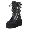 Botas de Cavaleiro Punk com Rebites de Meia-Canela para Mulheres Outono e Inverno 2022 Novas Salto Alto de Solado Grosso Fivela de Cinto Tamanho Grande 43 Botas Femininas