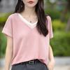Camiseta Tricô Manga Curta Falsa Duas Peças Estilo Francês Feminino Senso de Design Nicho Elegante Decote V Solta Blusa Color Block Camiseta