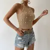 Verano Europeo y Americano Nuevo Estilo Estación Independiente de Amazon Transfronterizo con Cordones en la Espalda Patrón de Cáñamo con Cuentas Top de Tirantes Halter para Mujer