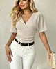 Blusa cruzada de mujer estilo europeo y americano, top corto a rayas, cuello en V, manga corta, cintura fruncida, corte ajustado, adelgazante