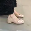 Sapatos femininos elegantes estilo francês com salto grosso, coleção outono 2026, adequados para combinar com saias, sapatos de salto alto cor champanhe para o trabalho e para a noite.