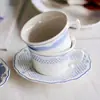 Taza de Café y Platillo de Cerámica Azul y Blanco Estilo Palacio Retro, Taza de Aspecto Elegante para Latte Art, Plato para Postre de Té de la Tarde, Taza para Beber