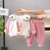 Conjunto de tres piezas de cárdigan grande con encaje elegante para niña 2024, ropa deportiva informal para niña nueva de primavera y otoño
