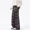 Calça Casual Xadrez Masculina Estilo Hong Kong Marca Tendência Calça de Caimento Reto Wide Leg Primavera e Outono Calça Longa Calça de Moletom Esportiva Retrô