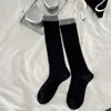 Nuevos Calcetines de Punto Negros para Mujer para Otoño e Invierno, Calcetines Holgados de Algodón Puro con Costilla de Color Contrastante para Adelgazar, Calcetines Zhuji al por Mayor