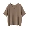 Camiseta de Verano Nueva de Lana Fina con Cuello en V y Manga Corta para Mujer, Hombro Normal, Top Delgado de Punto Cachemir, Estilo Europeo y Americano