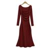 Q131-25 Vestido de cola de pez de manga larga plisado con cuello cuadrado informal elegante estilo francés para niña de principios de primavera