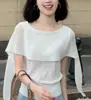 Camiseta de Punto Irregular Blanca Calada sin Hombros de Manga Corta para Mujer, Estilo de Verano de Alta Gama, Top tipo Chal Falso de Dos Piezas