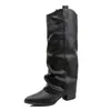 Botas longas estilo deserto, botas pretas de perna reta para mulheres, botas de montaria pontudas acima do joelho, botas Maillard retrô de salto grosso