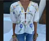 Novo Estilo Europeu e Americano Top 2024 Primavera e Verão Gola V Estampada Cadarço Manga Lanterna Fashion Curta Solta Casual Camisa