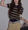 Camiseta Ligera de Punto Rayada Azul Marino Estilo Coreano para Mujer, Ropa de Trabajo de Verano, Top de Manga Corta Ajustado con Cuello Polo