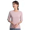 Camiseta de Manga Siete Cruzada con Cuello Redondo para Mujer Algodón Puro Capa Interior Primavera Verano Nuevo Estilo Capa Base Corte Ajustado Algodón Mercerizado Top para Mujer