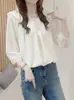 Blusa casual e delicada que cobre a barriga, camisa de primavera com babados, novo design liso, blusa de três quartos de nicho
