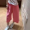 Calças casuais femininas de estilo coreano, soltas, com bainha dobrada, cordão, cropped, finas para o verão, largas, perna reta, esportivas, perna larga