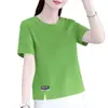A051 # Algodão 26 FiosCamiseta de Manga Curta para Mulheres, Gola Redonda, Design com Fenda, Gola Traseira, Não Forma Bolinhas.