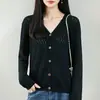 Cárdigan de punto de algodón puro calado estilo francés para mujer, con cuello en V, abotonado, para protección solar, top tipo chaqueta suéter fino