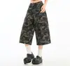 Shorts de mezclilla camuflados de pierna ancha para mujer, nuevo estilo verano 2026, de cintura alta, adelgazantes, pantalones rectos holgados cropped de estilo retro americano