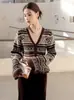 Cárdigan de Punto de Lana Retro Fair Isle con Cuello en V para Mujer, Suéter de Invierno con Bloques de Color que Ceñe la Cintura y Adelgaza