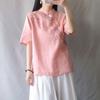 Terno de chá de verão vintage estilo étnico, blusa solta bordada de manga curta, camisa feminina de algodão e linho com fivela de cor sólida