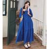 Vestido de Lunares Azules para Mujer Verano 2025 Nuevo Estilo de Vacaciones Diseño Súper Bonito Aspecto Ligeramente Gordo y Adelgazante Falda Larga que Cubre el Vientre