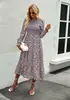 Otoño e invierno 2022 vestido de ropa para mujer con cuello en U estampado de cintura alta manga larga elegante para ir al trabajo, ocio, vacaciones, falda de longitud media