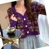 Cardigã de tricô curto estilo coreano para primavera e outono, floral chic, gola quadrada, blocos de cor, jaqueta suéter chique e estilosa para mulheres