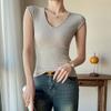 Thread malha decote em V sem mangas camisa inferior terno feminino ombro interno T-shirt plus size exterior usar roupas slim fit top