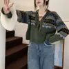 Tricô Crochet Estilo Étnico Retrô com Decote V e Cadarço para Mulheres Primavera & Outono 2025 Novo Design Solto de Manga Longa