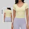 Top Deportivo para Mujer de Manga Corta, Ajuste Delgado, Transfronterizo, Yoga, Ligero, Sexy, Cuello en V, Color Sólido, Camiseta de Fitness Adelgazante de Alta Elasticidad