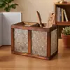 Porta-Canetas de Vidro Embossado Flor Begônia Retrô com Base de Madeira Sólida, Compartimento Duplo, Recipiente de Armazenamento para Papelaria e Diversos de Mesa de Escritório, Ornamento