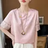 26 Anos de Estilos Novos de Primavera e Verão, Novo Estilo Chinês, Cetim Sedoso Gola Redonda Manga Curta Jacquard Lantejoula Soltinho Camiseta Base