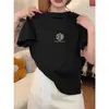 Camiseta de Algodón Cepillado de Hombro Normal con Cuello Redondo de Manga Corta para Mujer, Estilo Coreano, Top Básico Grueso con Estilo, Camiseta Base para Primavera y Verano