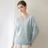 Suéter de malha 100% caxemira pura, novo estilo outono e inverno 2026, suéter casual de moda solto com gola pontuda escovada feminino