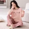 Pijama de algodón para mujer de primavera y otoño, manga larga y pantalón largo, cuello redondo, dulce y lindo, se puede usar fuera de casa, conjunto de ropa para el hogar para mujer