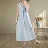 Nuevo vestido largo sin mangas de estilo resort costero con fruncido en la cintura para mujer, talla grande, adelgazante, para mujeres de talla grande, vestido largo con tiras para la playa