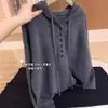 Top de Punto Gris Estilo Coreano con Capucha, Botones y Mangas Largas para Mujer, Otoño Nuevo, Holgado