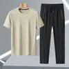 8307-2 Verano Hombres Seda de Hielo Transpirable que Absorbe la Humedad Conjunto de Pantalones Largos Casual Deportivo Cuello Redondo Moda de Alta Calidad Secado Rápido