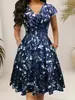 Amazon Europeia e Americana Novo Verão Novo Gola Redonda Bolso Manga Curta Estampa Popular Vestido Longo Temperamento Elegante Vestido Feminino