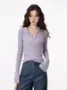 Camisa base de punto para mujer estilo coreano, cuello polo, manga larga, corte ajustado, hermoso top morado taro para principios de otoño