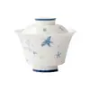 Estilo Dinastia Tang e Song Argila de Jade Pintada à Mão Borboleta Pequena Floral Cerâmica Doméstica Tigela com Tampa de Pé Alto Conjunto de Chá Kung Fu Tigela de Chá de Pé Alto