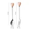 Tenedor y Cuchara de Acero Inoxidable con Mango de Cerámica en Forma de Corazón, Estilo Lindo para Postre, Fruta, Té de la Tarde para Niñas, Cucharita de Café