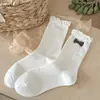 Calcetines retro de lazo marrones para mujer, calcetines de media pantorrilla, sin costuras, calcetines apilables de primavera y otoño, combinados con zapatos pequeños de cuero, encaje, calcetines largos estilo coreano