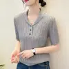 26 Verano Nuevo Estilo Lino Perlado Acanalado Simple Moda Versátil Cuello Solapa Manga Corta Tejido de Punto Trenzado Top para Mujer